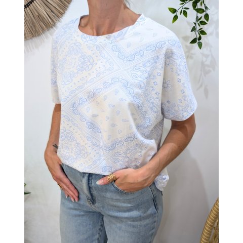 T-shirt femme blanc motifs baroques bleu ciel Severina