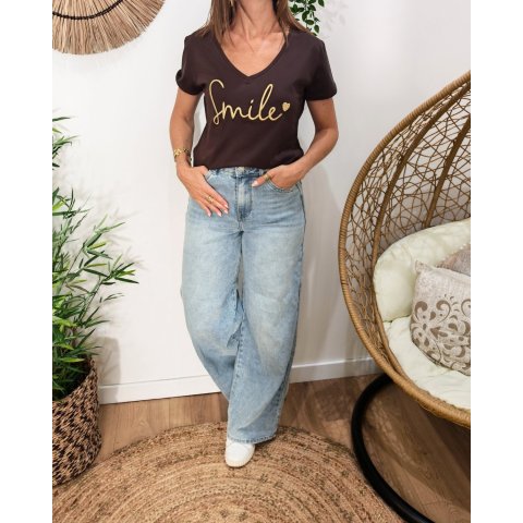 T-Shirt femme marron broderie smile doré