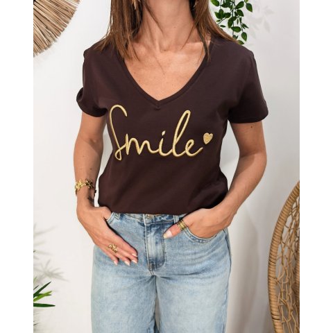 T-Shirt femme marron broderie smile doré
