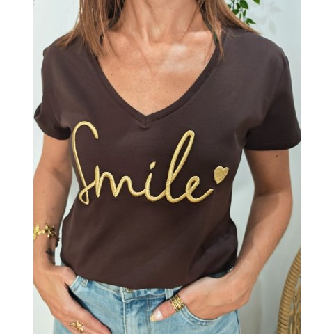 T-Shirt femme marron broderie smile doré