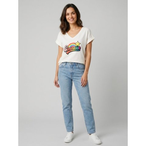 T-shirt femme uni col V Connasse arc en ciel