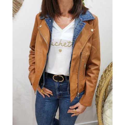 Perfecto femme camel simili col jean amovible 