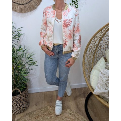 Bombers femme écru feuillages roses et taupes Ombelline