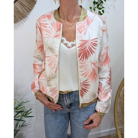 Bombers femme écru feuillages roses et taupes Ombelline