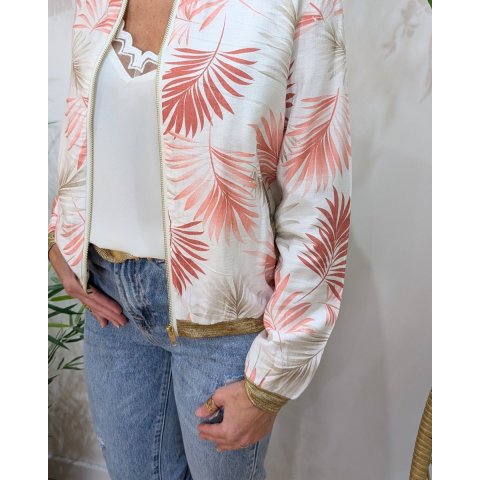 Bombers femme écru feuillages roses et taupes Ombelline