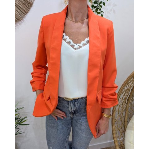Blazer femme manches plissées orange corail