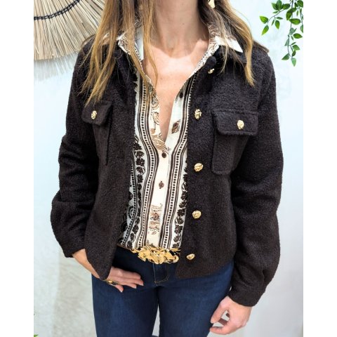 Veste femme bouclettes marron choco boutons dorés Paloma