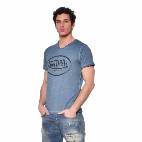 Tee Shirt BLEU coupe Slim Col V, Usé RON | Homme - Von Dutch