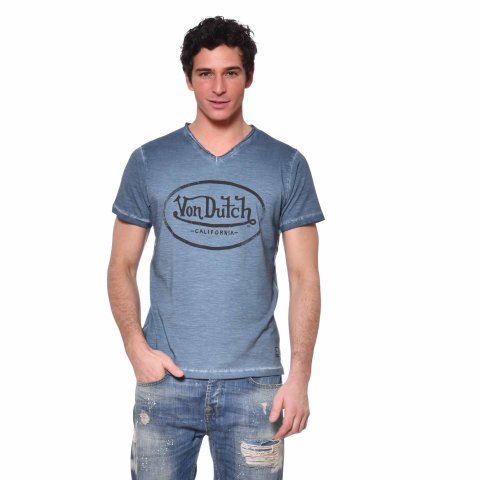 Tee Shirt BLEU coupe Slim Col V, Usé RON | Homme - Von Dutch